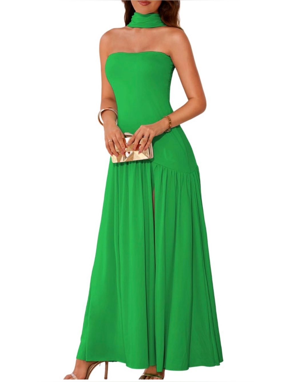 Strapless Green Maxi Dress with Slit